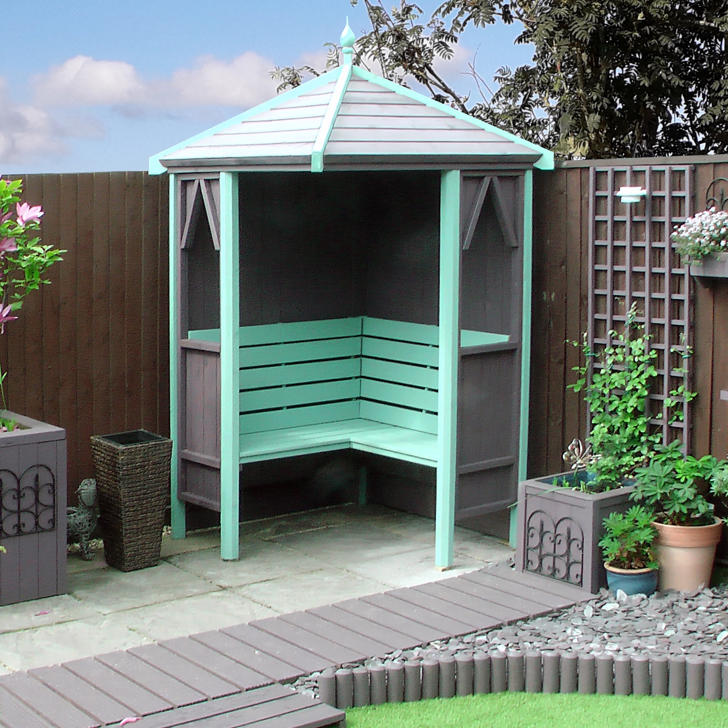 Shire Pressure Treated Honeysuckle Corner Arbour - Garden Retreat - Garden Life Stores. 