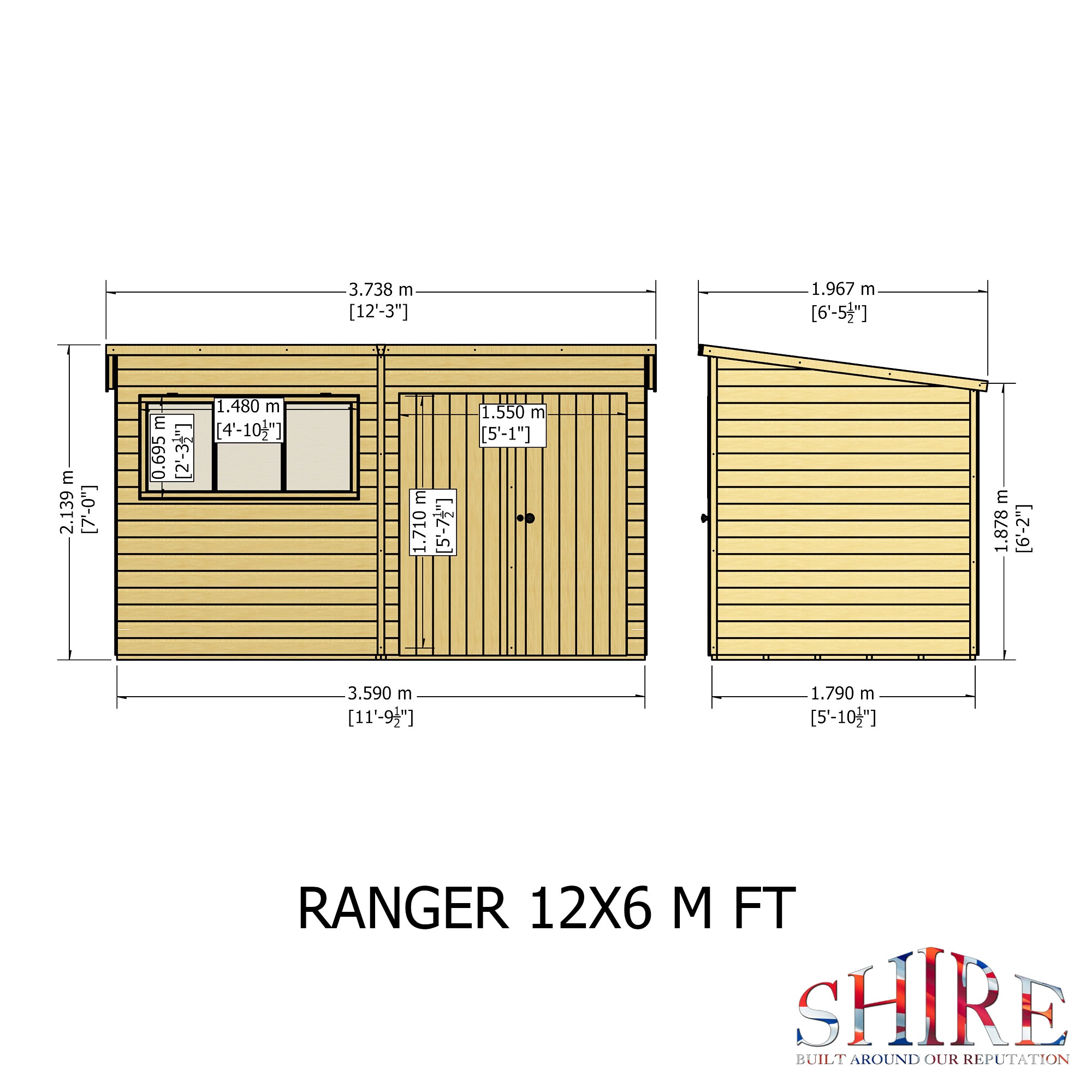 Shire Ranger Double Door Pent Shed 12x6