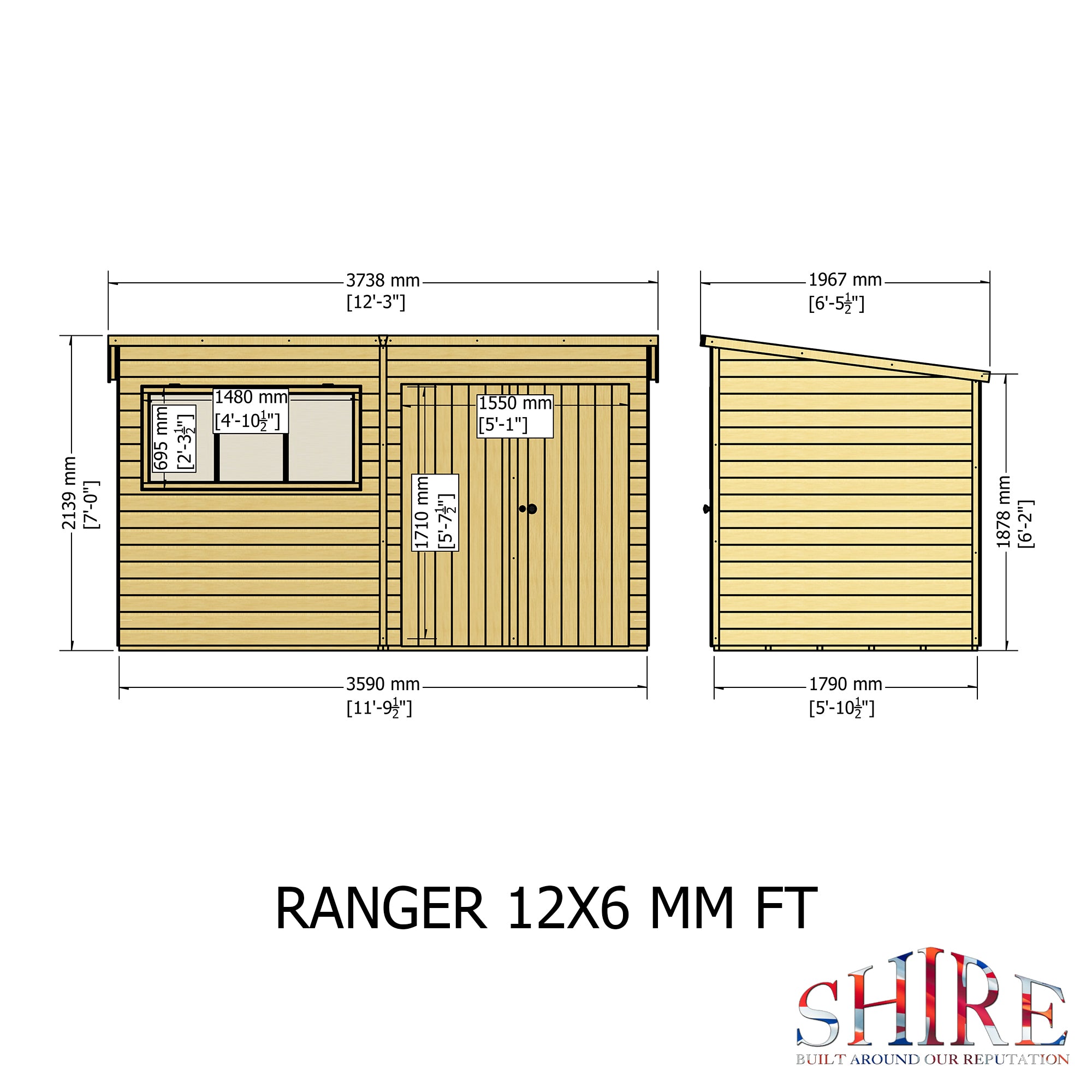 Shire Ranger Double Door Pent Shed 12x6