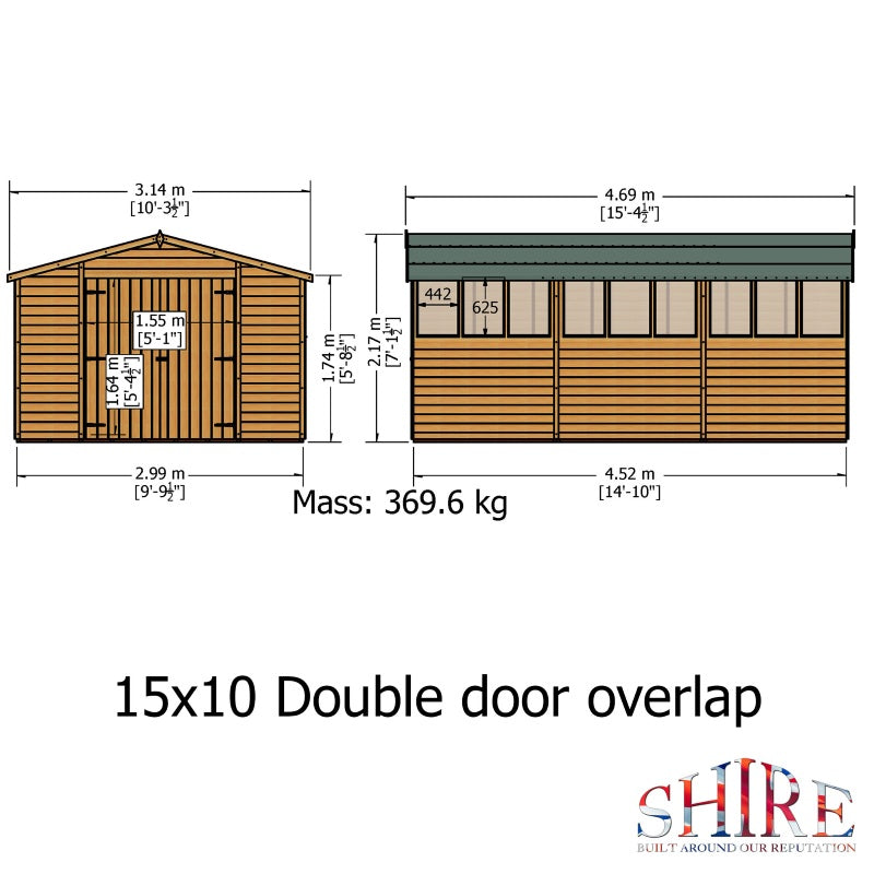 Shire Overlap Dipped Wooden Double Door with Optional Windows 10 x 15 - Garden Life Stores. 